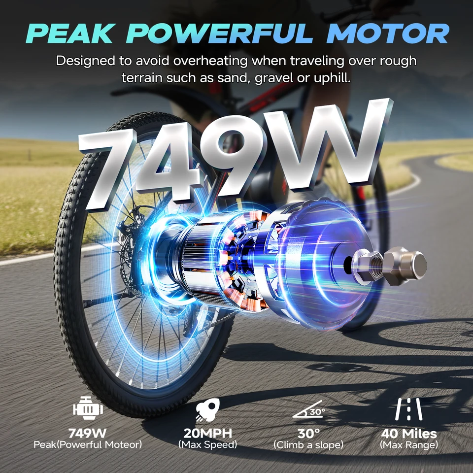 QNUT Electric Bike for Adults/Teens, Peak 749W Motor 20MPH 21-Speed Commuter Ebike, 36V 10.4Ah Removable Battery Up to 45 Miles, 26" Aluminum Frame with Dual Disc Brakes, UL 2849 Certified image 5