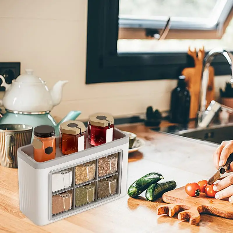 Seasoning Racks With 6 Compartment No-Drill Household Case Transparent Condiment Jar with Spoon and Lid for Salt Pepper Paprika