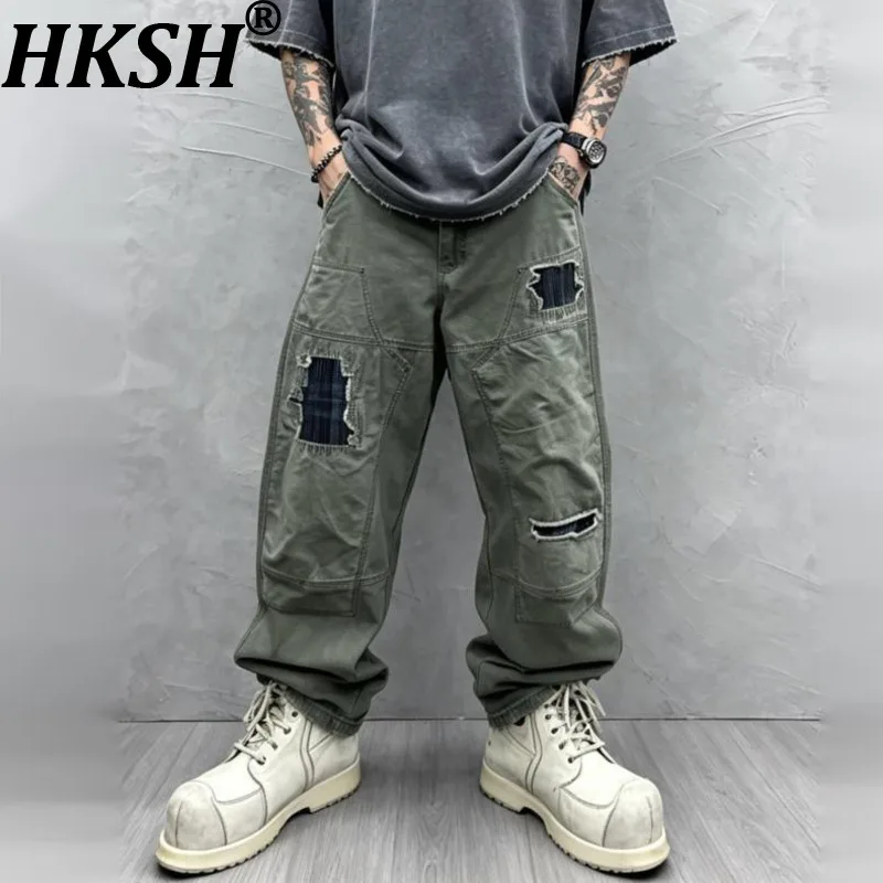 HKSH Spring Autumn New Men Tide Niche Design Style Retro Cargo Pants Washed Patchwork Loose Casual Fit American Cool Y2K HK28111