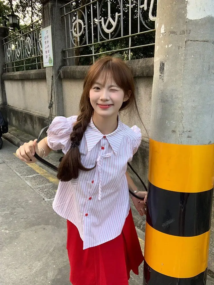 Women Shirts Preppy Style Sweet Striped Short Sleeve Turn Down Collar Single Breasted Fashion Blouse Summer Tops