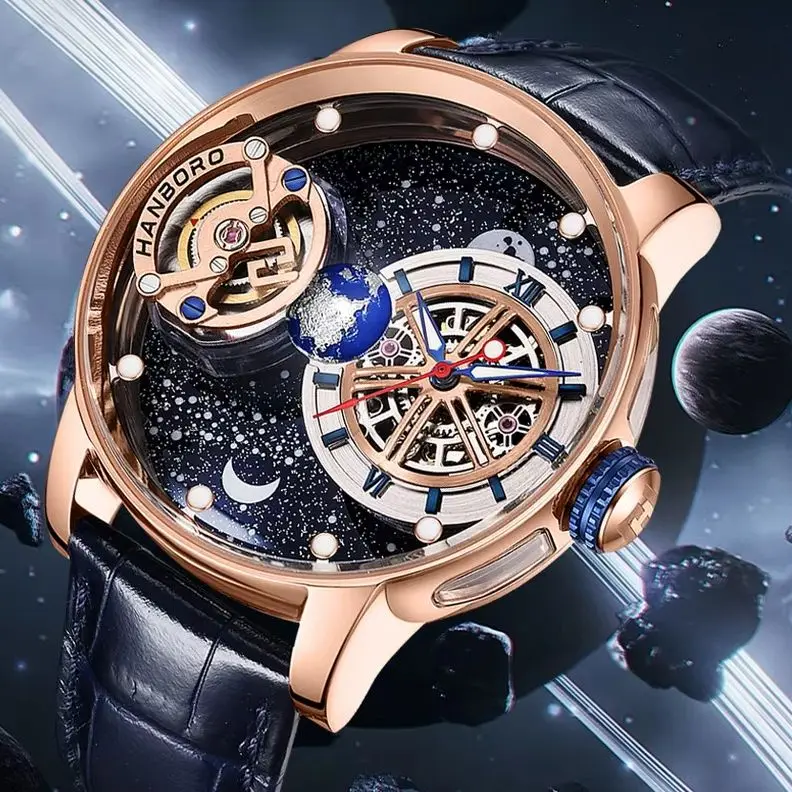 HANBORO Men Automatic Watch Mechanical Wristwatch Waterproof Rotatable Backgroud Luminous Cosmic Celestial Body Dial Miyota Mov