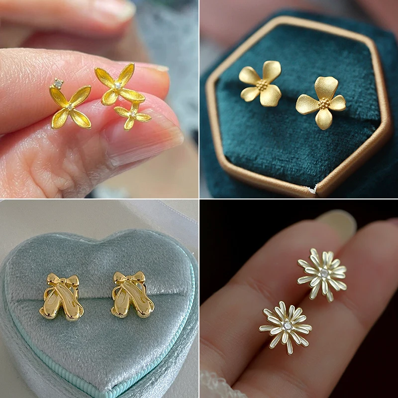 Fashion Gold Color Blooming Gardenia Flowers Stud Earrings For Women Girls Elegant Ballet Shoes Charm Party Jewelry Accessories