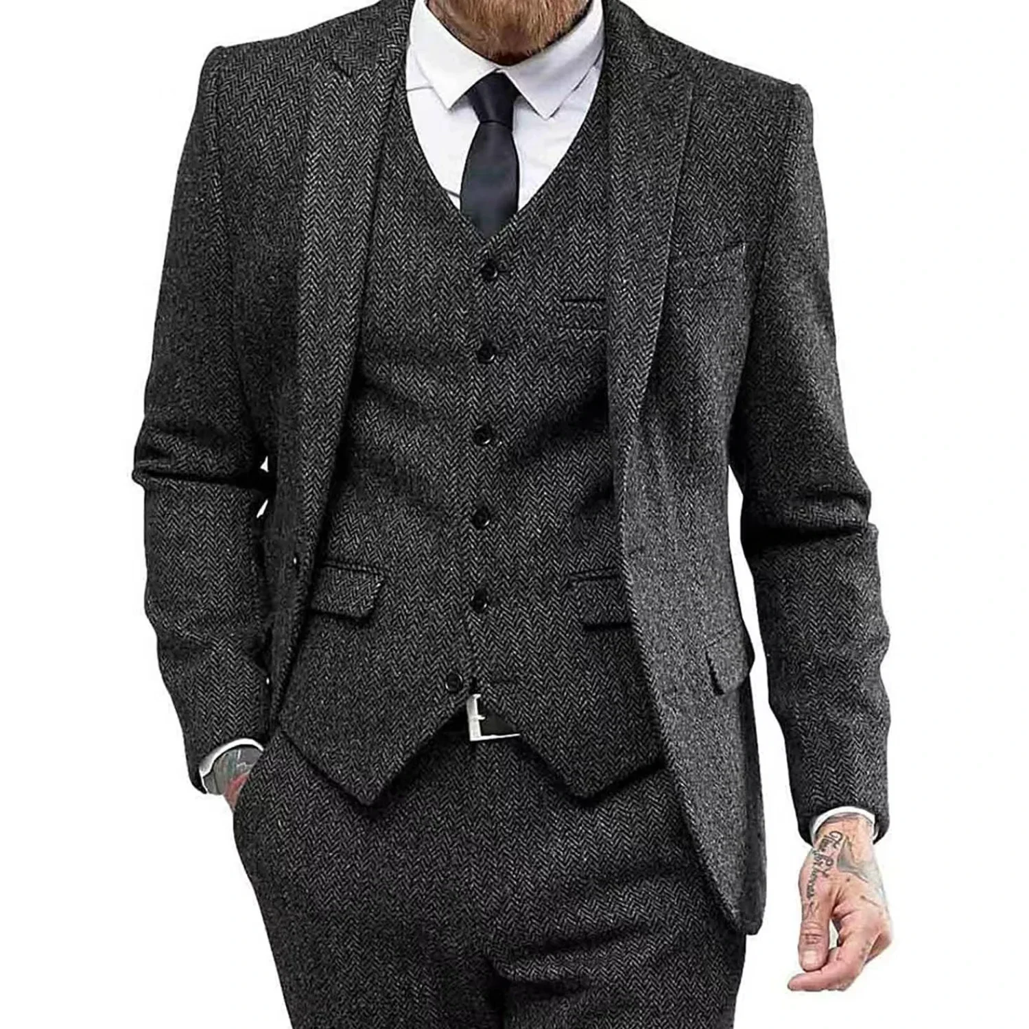 

Men's Elegant Herringbone 3-Piece Suit Classic Vintage Tuxedo Blazer Vest Pant Set for Wedding Business Evening Party