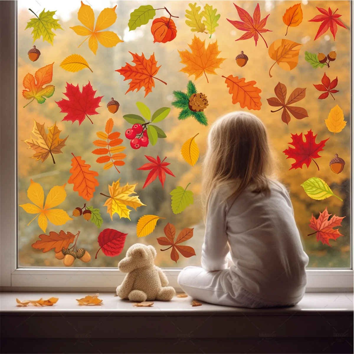 Calcomanías de ventana de hojas de otoño de Acción de Gracias, se aferra para ventana de vidrio, decoración de Otoño de temporada