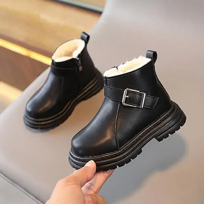 2024 Winter New Fashion Children's Shoes for Girls Plush Boots Boys Keep Warm Ankle Boots Comfortable Leather Kids Boots