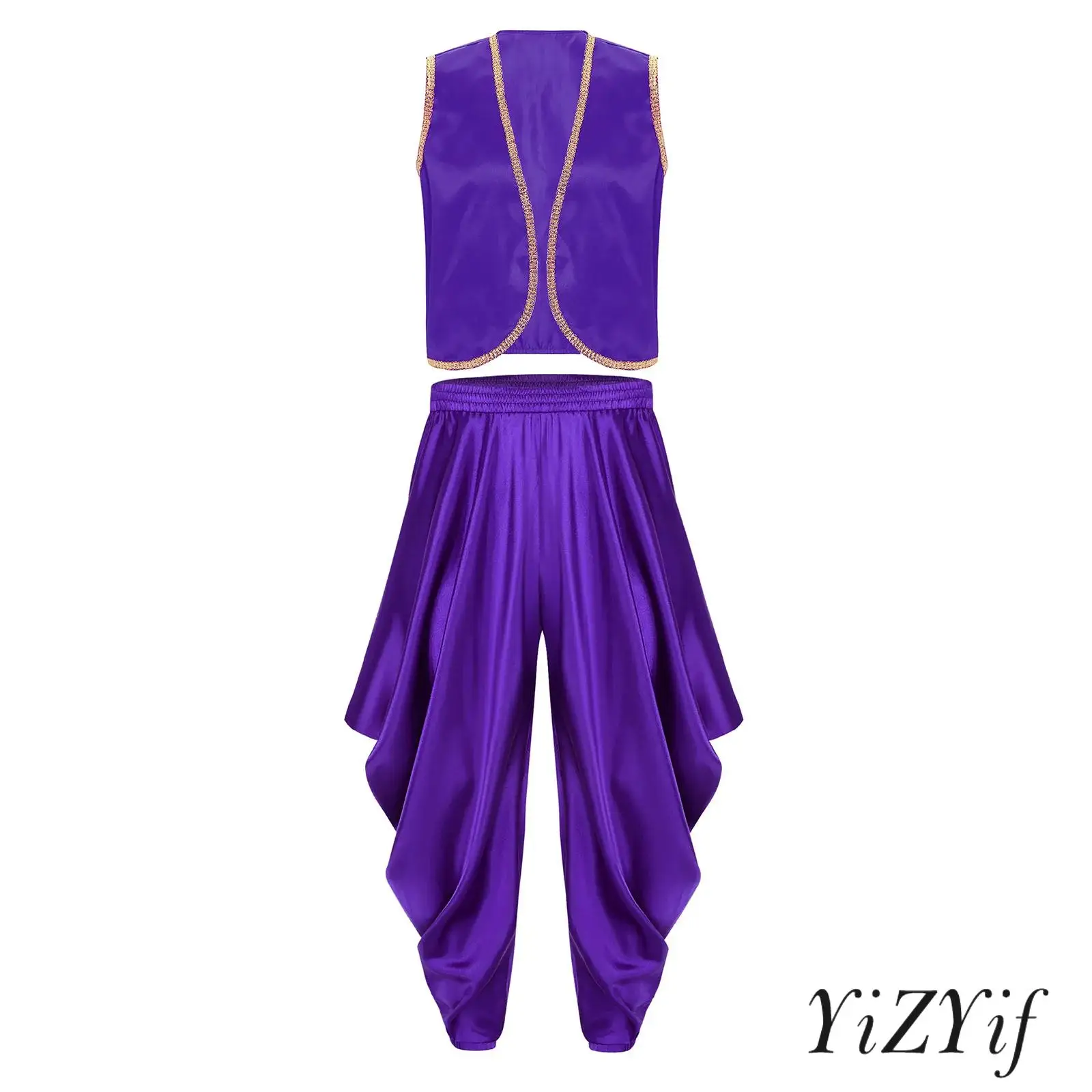 

Mens Arab Prince Dress-up Costume Gold Trim Sleeveless Open Front Vest And Elastic Waistband Harem Pants for Halloween Party