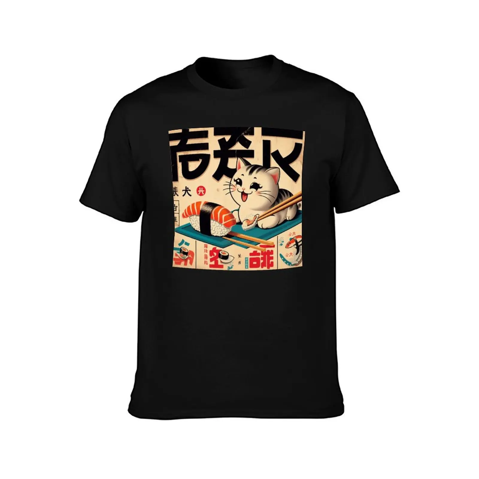 Japanese Vintage Poster: 1950s Retro Sushi Cat T-Shirt Stain Resistant Casual Tee T-Shirt