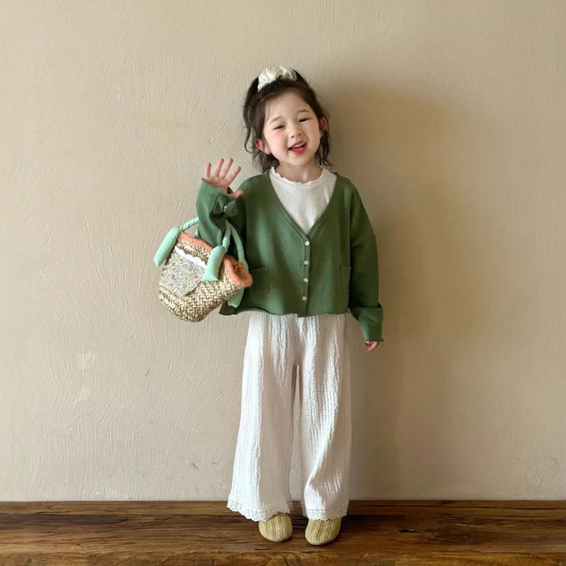 2026 Spring New Korean Children's Clothing Girls' Thin Cardigan Baby Hairy Solid Color Two Price Set