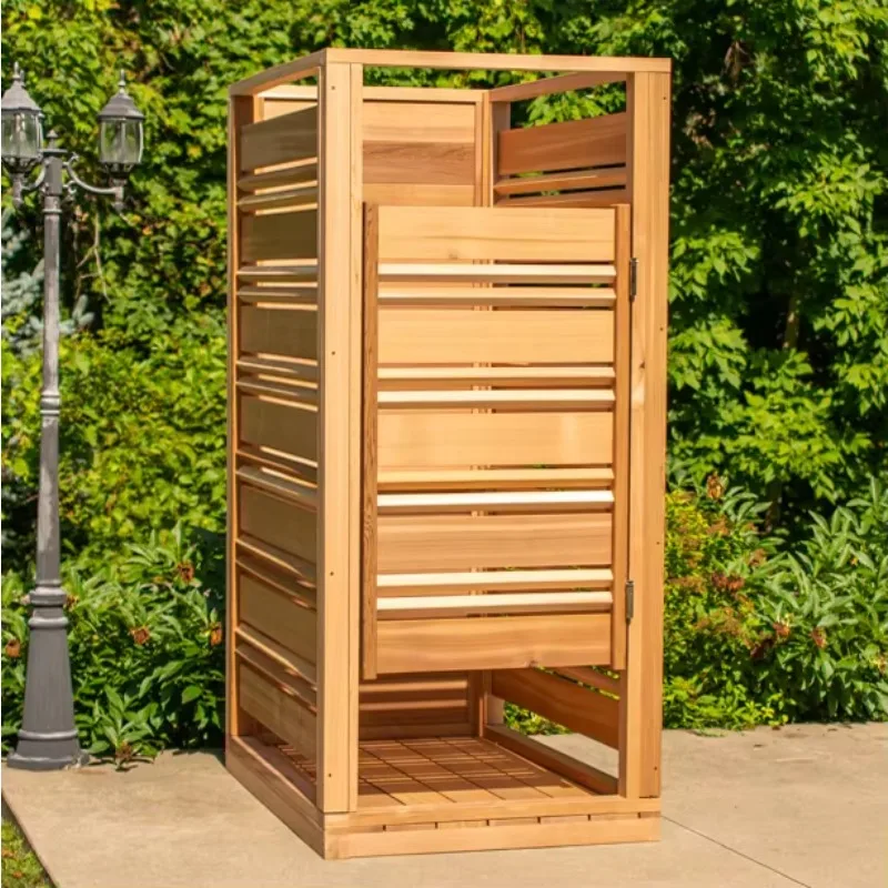 

Высококачественный открытый квадратный отдельно стоящий деревянный душ с дверцей из кедрового дерева и душевой насадкой