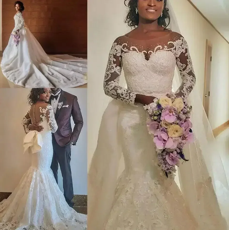 Maßgeschneiderte Meerjungfrau-Brautkleider mit abnehmbarer Schleppe, Illusion, langärmelig, Spitzenapplikation, Perlen, Garten-Brautkleid