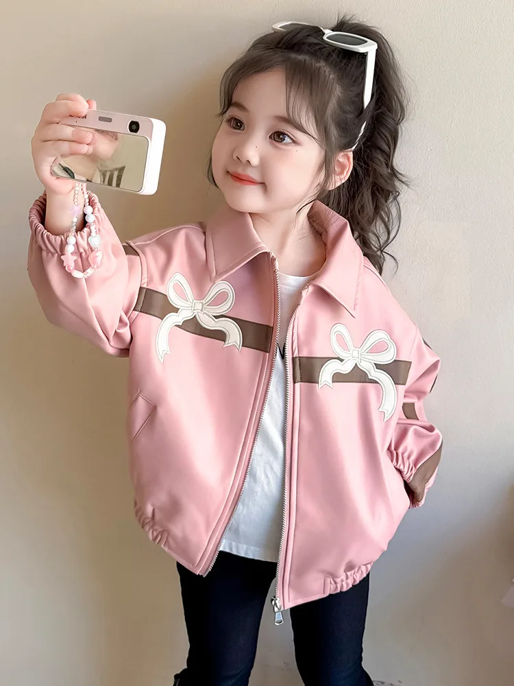 

Girls' Leather Jacket for Spring and Autumn2025New Fashionable Stylish Little Girl Baby Top Autumn Jacket