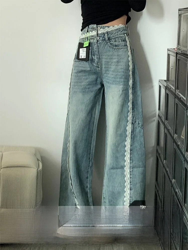 

Синие широкие джинсы с высокой талией и кружевной отделкой, женские осенне-зимние длинные брюки нового дизайна Sense, винтажные однотонные брюки