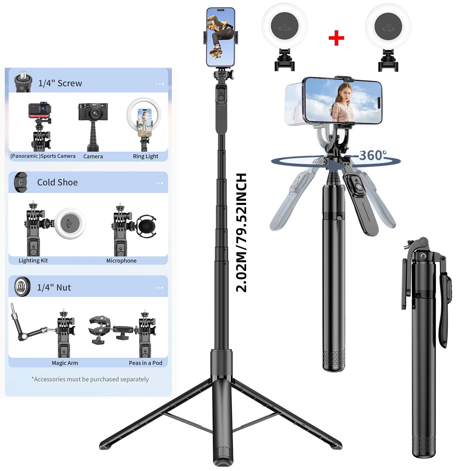 2020mm Portable Tripod for Phone Camera Selfie Stick Tripod Stand Wireless Remote with 1/4 Screw 1/4 Nut Light for Camera Phone