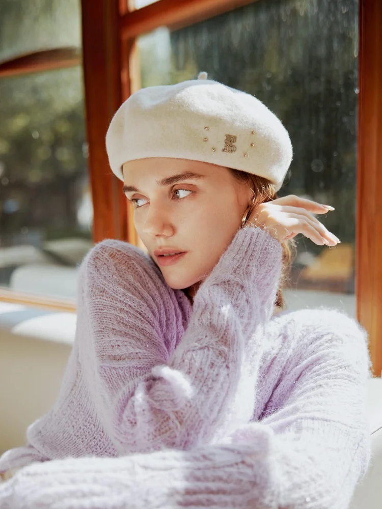 elle00-純毛ベレー帽-レディース-秋冬-アウトドア-おしゃれ-ウール-パンプキン-ヴィンテージ-ペインターキャップ-カジュアルスタイル-ラウンドトップ