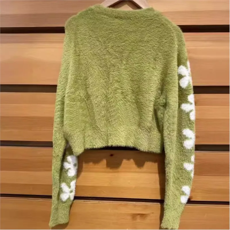 2024 New Women's Green Sweater V-neck Plant Woven Flower Sweater Cardigan Natural Comfort Versatile Women's Top Jacket Coats