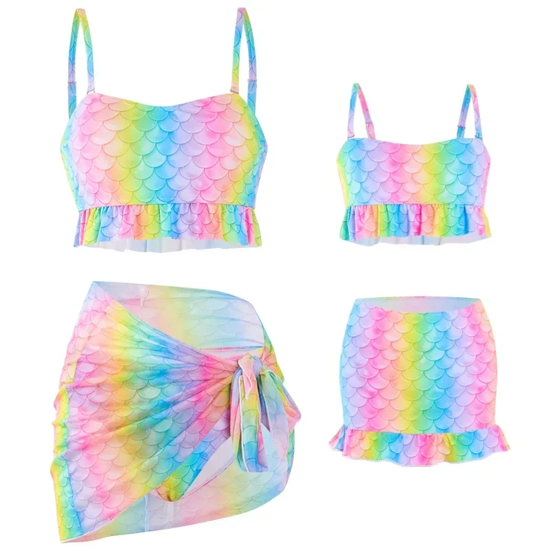 

Family Set Mermaid Mommy and Me Swimwear 3pcs Rainbow Mother Daughter Matching Swimsuits Women Girls Bikini Dresses 2024