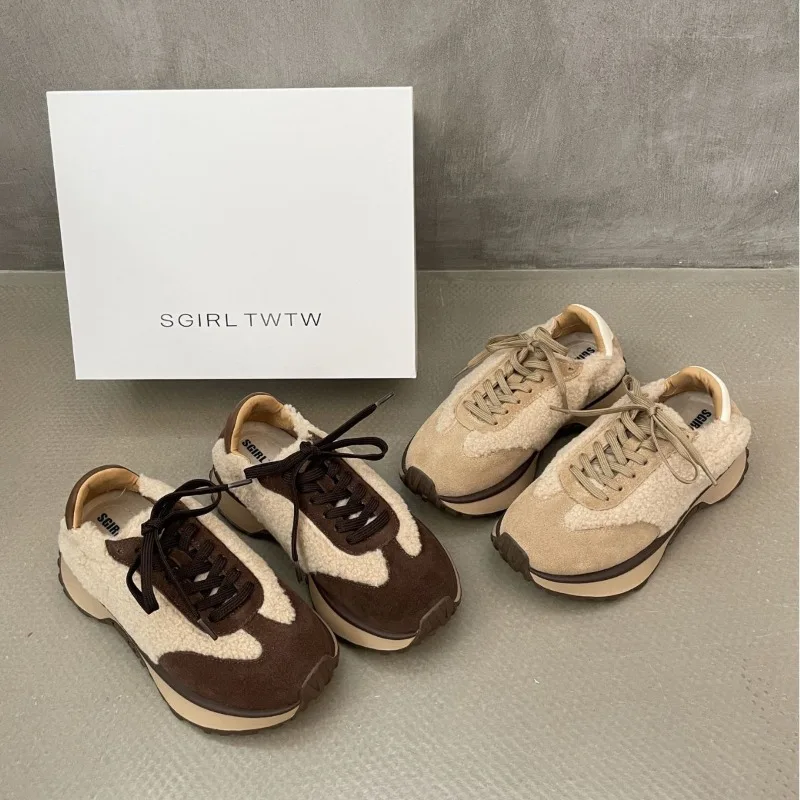 

Korean Version of Color Matching Lace-up Forrest Gump Shoes Women's Autumn and Winter Velvet Thermal Casual Sports Sneakers