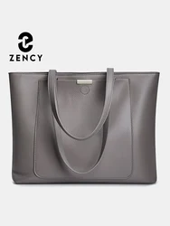 Zency Genuine Leather Women's Tote Handbag Large Shoulder Bag with Front Pocket for Notebook Phone iPad Designer Shopping Bag