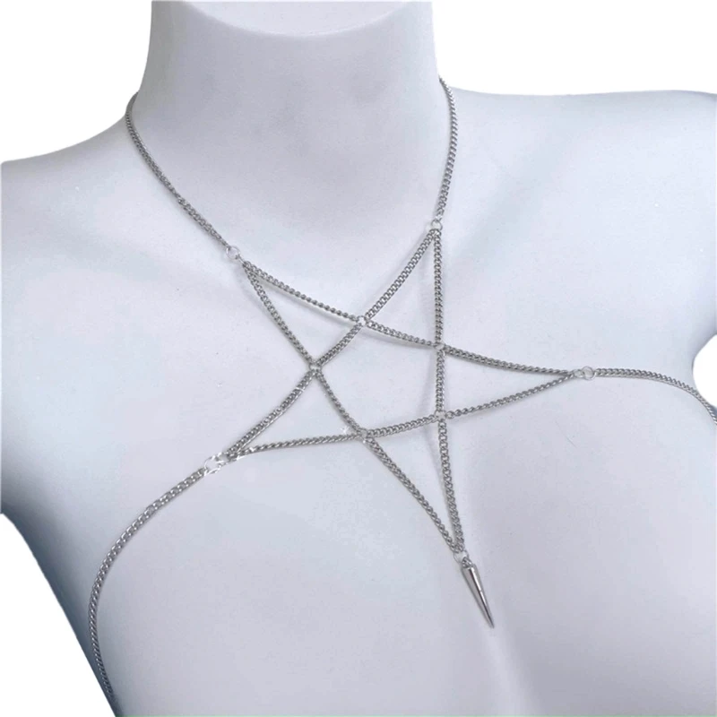 Unique Necklace Body Chain with Five Pointed Star Pendant Edgy and Fashionable Harness Jewelry Accessory for Women Girls