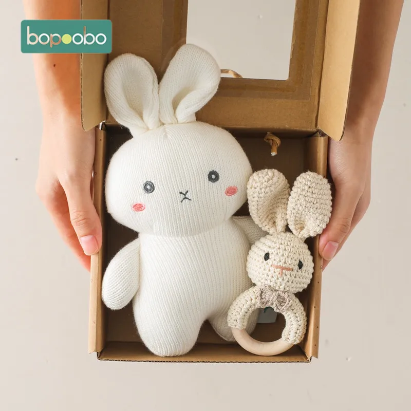 1Set Rabbit Stuff Plush Toys Handmade Crochet Wool Doll Baby Rattles Crochet Toy Wood Ring Infant Gym Mobile Rattles Kids Gifts