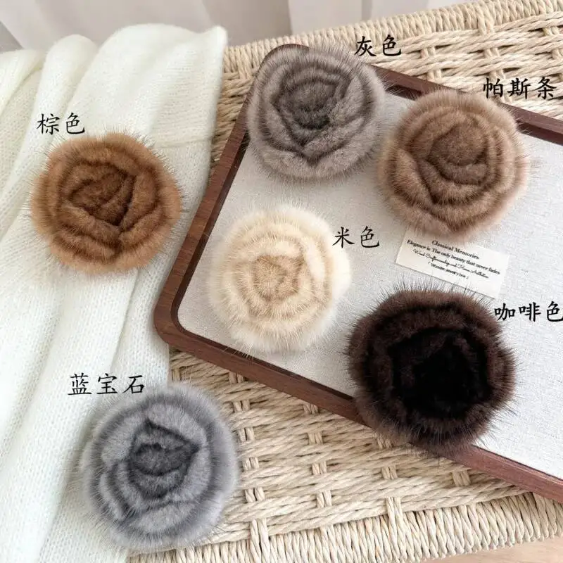 Real Mink Fur Camellia Brooch For Women Simple Stylish Brooch Real Fur Brooch Luxury Fur Accessory Clothes Scarf Decorative