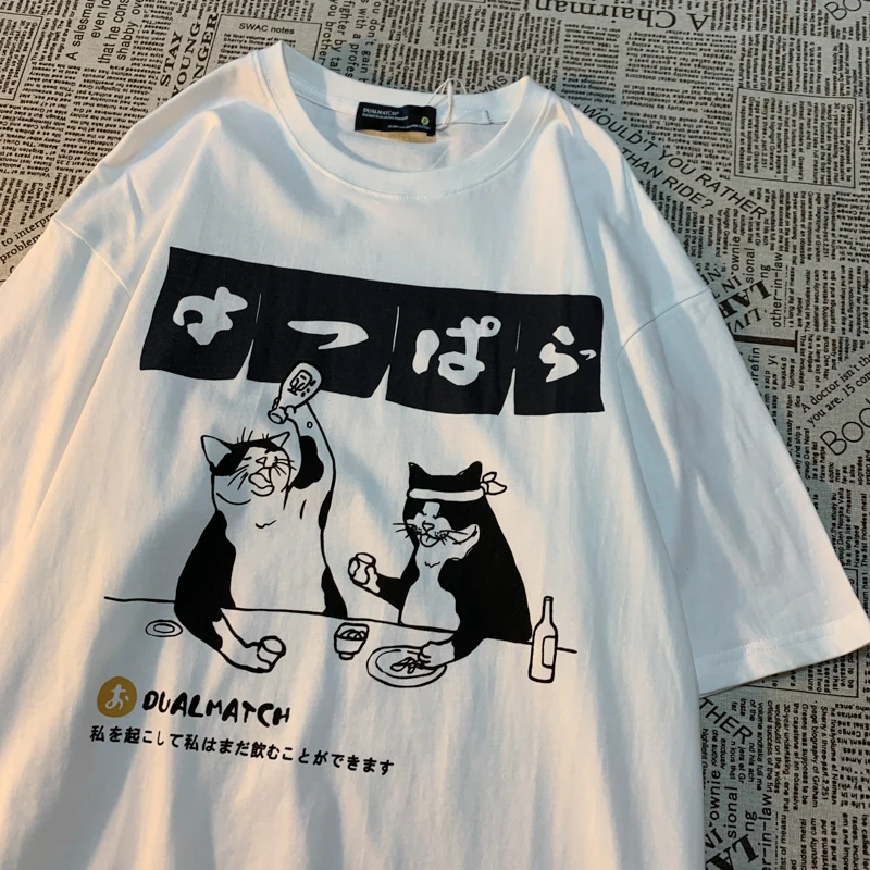 Original Japanese Retro Cat Print Pure Cotton Short Sleeved T-shirt For men\'s women\'s Trendy Street Loose Couple t-shirt
