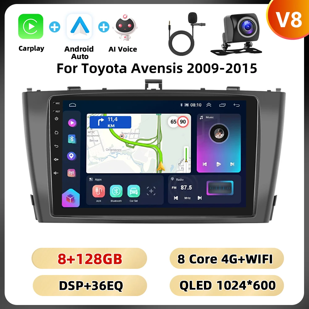 Podofo 9 ''2din Autoradio Voor Toyota Avensis 2009-2015 Multimediaspeler 8 128G 8Core Carplay Android Auto Wifi 4G Auto Audio