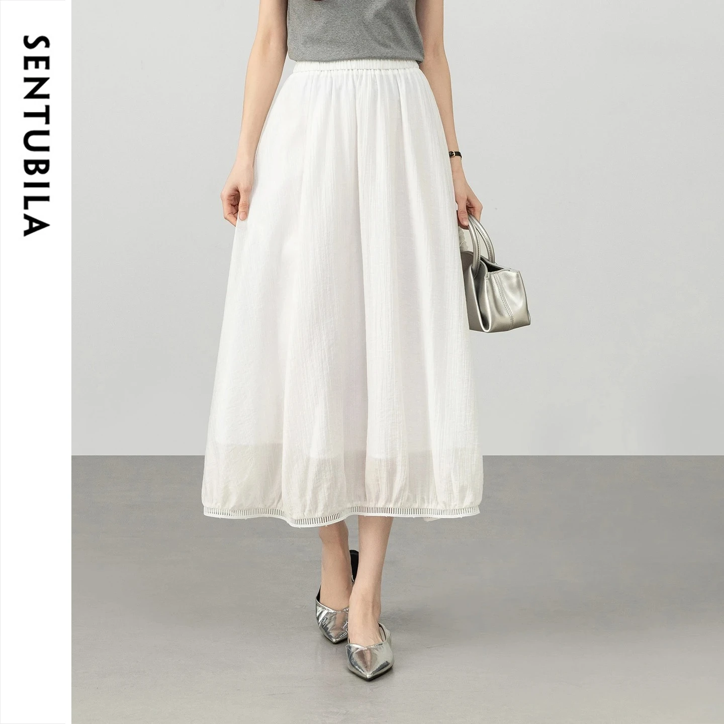 SENTUBILA Women Lyocell White Midi Skirt 2026 Summer New Elastic Waist A-Line Hollow Lace Trim Loose Casual Skirt 161QA5019