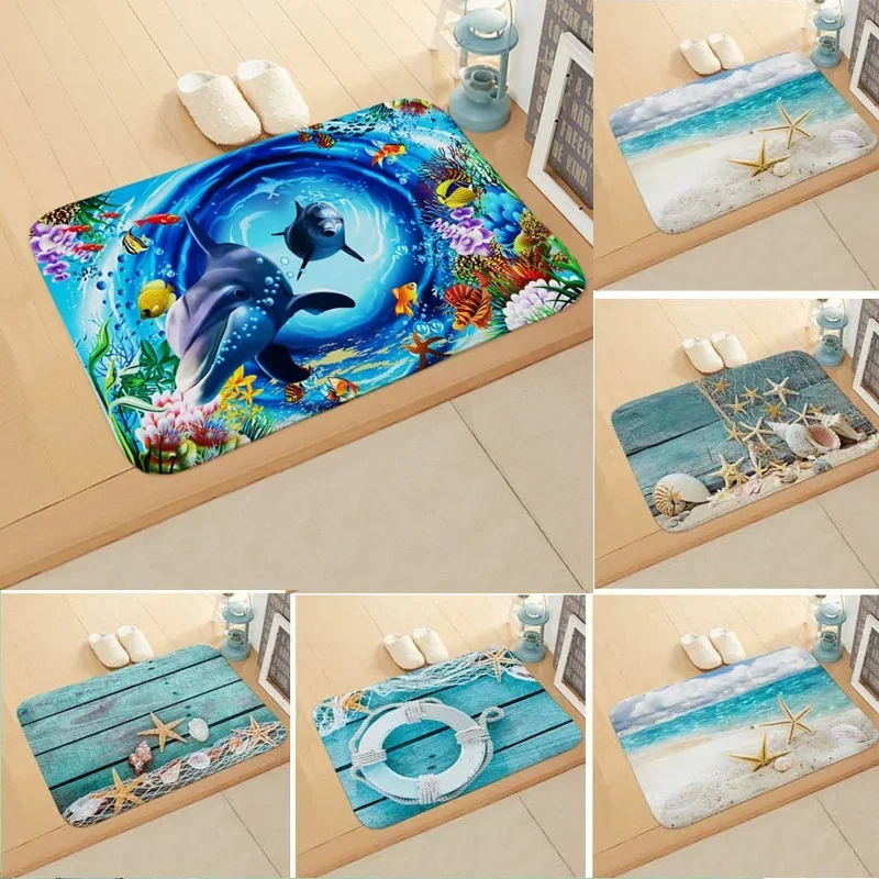 Ocean Beach Starfish Print Bathroom Doormat Super Absorbent Carpet Anti-Slip Foot Mat Diatom Mud Rug for Kitchen Home Decorative