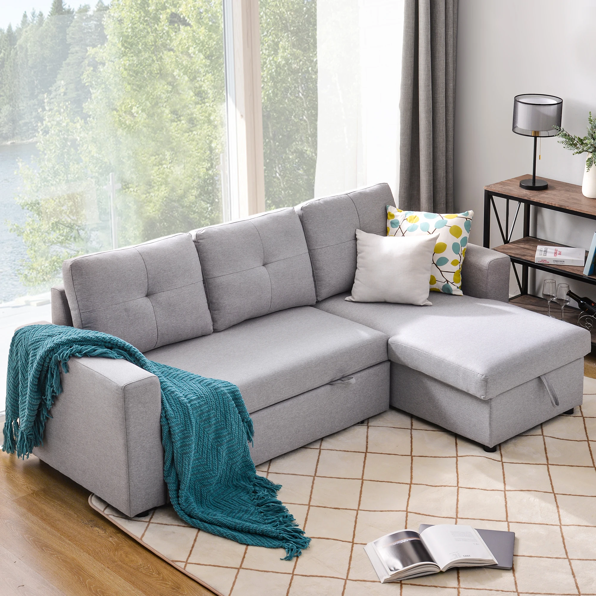 Modern Living Room Sofa Cum Bed Convertible Bed Armchair L Shape Corner Pull Out Sofa Bed Manufacturer Supplier with Storage