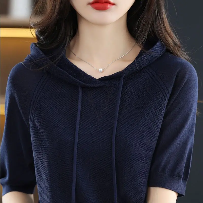 Korean Fashion Spring Summer New Hoodies Sweater Women Solid Drawstring Half Sleeve Loose Thin Casual Versatile Pullovers Tops