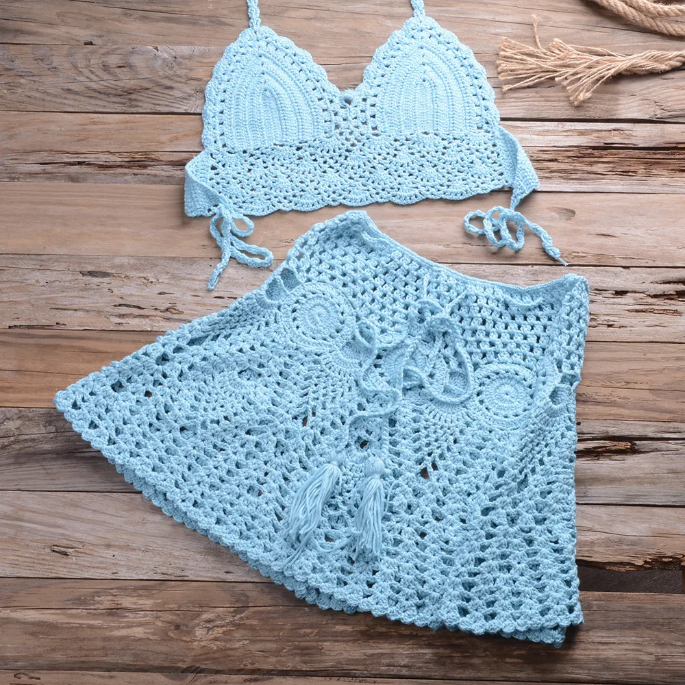 2023 New Crochet 2 Pieces Summer Holidays Beach Cover-ups Sexy women Bra Top+Mini A-line Skirt Bikini Cover up Beach wear Female