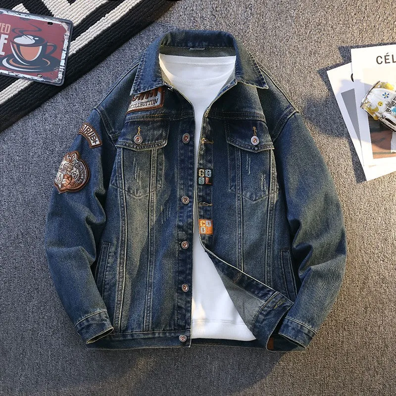 2025 الربيع والخريف جديد الأخضر البيج الأزرق إلكتروني طباعة عمال الدنيم سترة القهوة رمادي التعادل صبغ معطف فضفاض غير رسمي