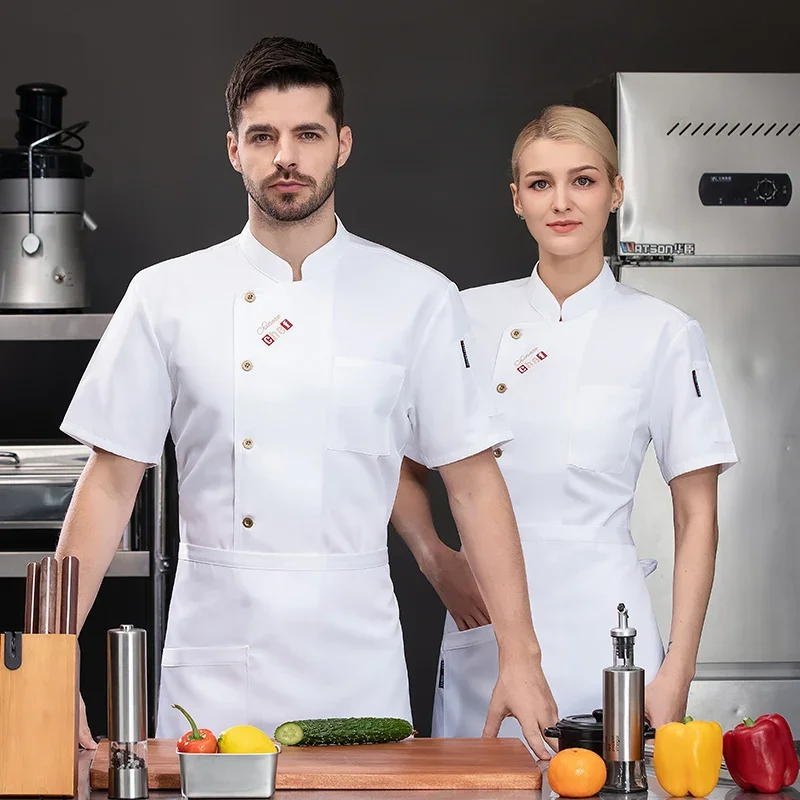Uniforme de chef preto masculino, camisa de chef respirável de manga curta, restaurante, cozinha, jaqueta de chef preta, avental, roupas de trabalho, logotipo feminino