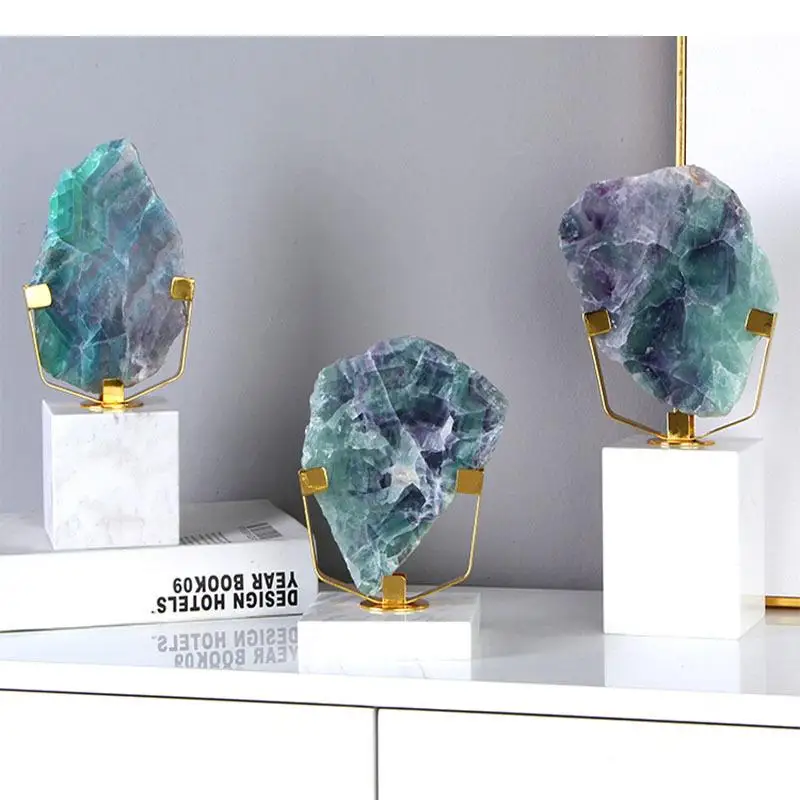 Natural Fluorite Sculpture Crystal/marble Base Crafts Ornaments Living Room Decoration Artwork Furnishings Modern Home Decor