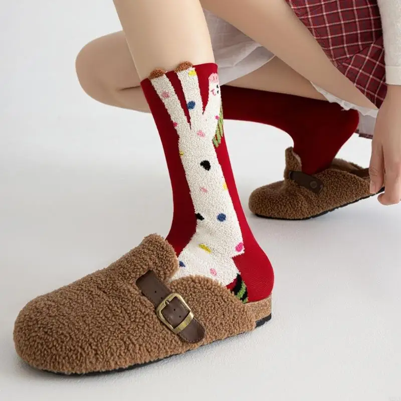 2026 New 1 Pair Women's Comfort Calf Socks Red Cartoon Horse Year for Daily Use