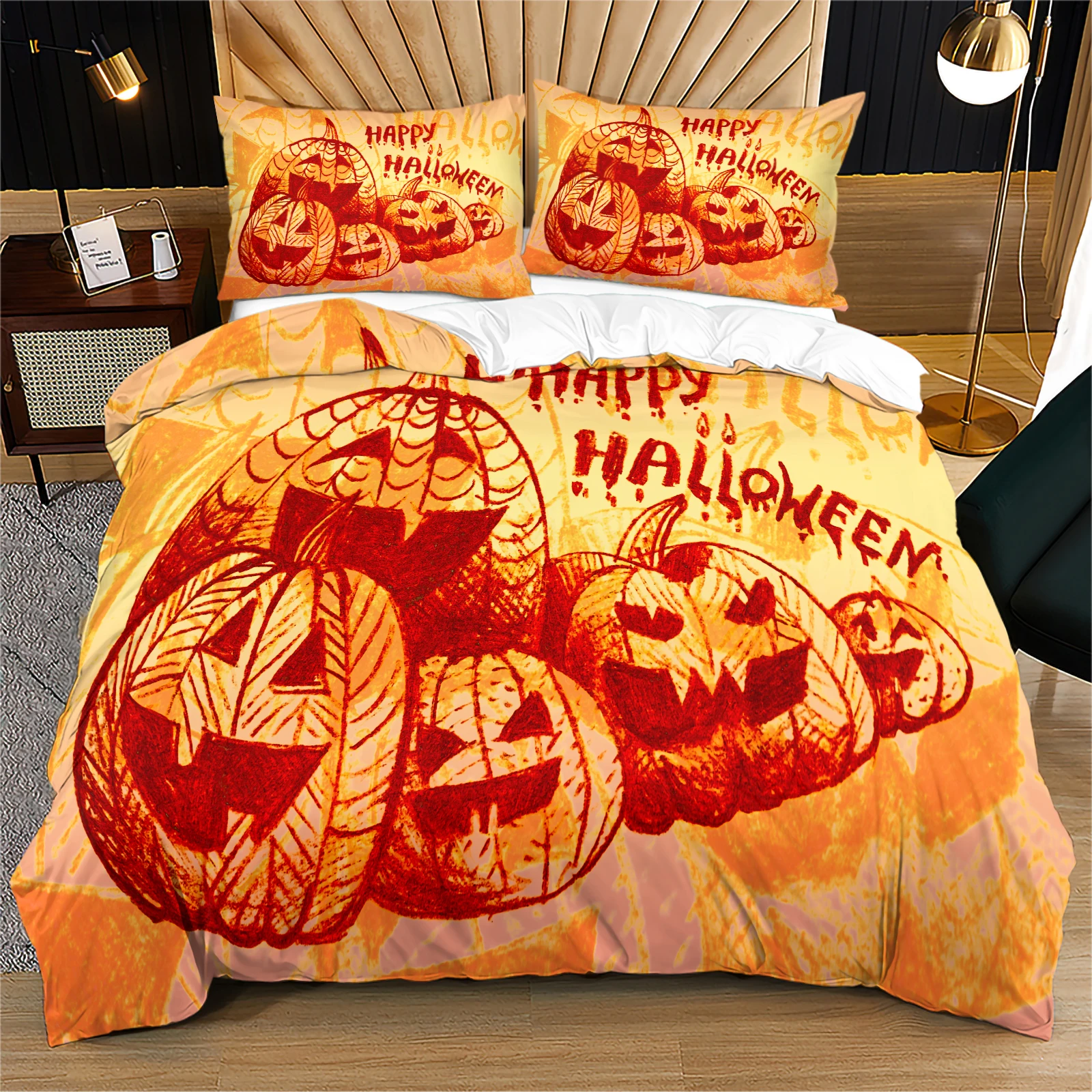 Happy Halloween Duvet Cover Set Vintage Sketch‑Style Bedding Retro Fall Home Decor perfect for bedroom rest