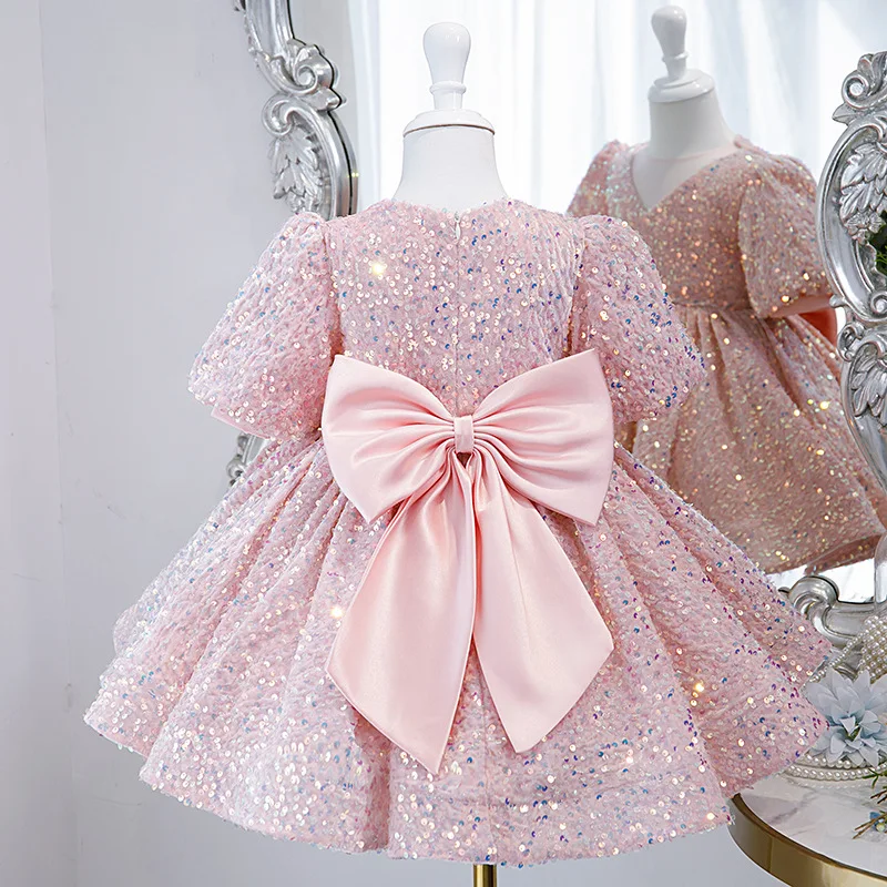 Pink Sequin Formal Dresses for Teens Girls 2022 Luxury Gowns 2 To 14 Years Kids Bow Princess Evening Short Dress Birthday Party