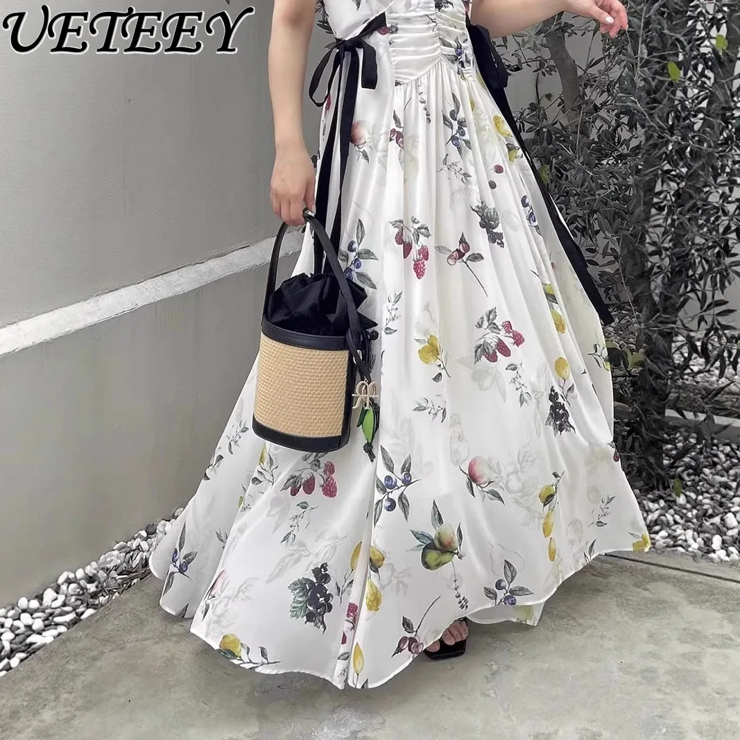 2025 신상 여름 일본 신상 과일 프린트 멜빵 원피스 여성 섹시 슬림 쉬폰 원피스 오피스룩 롱 원피스