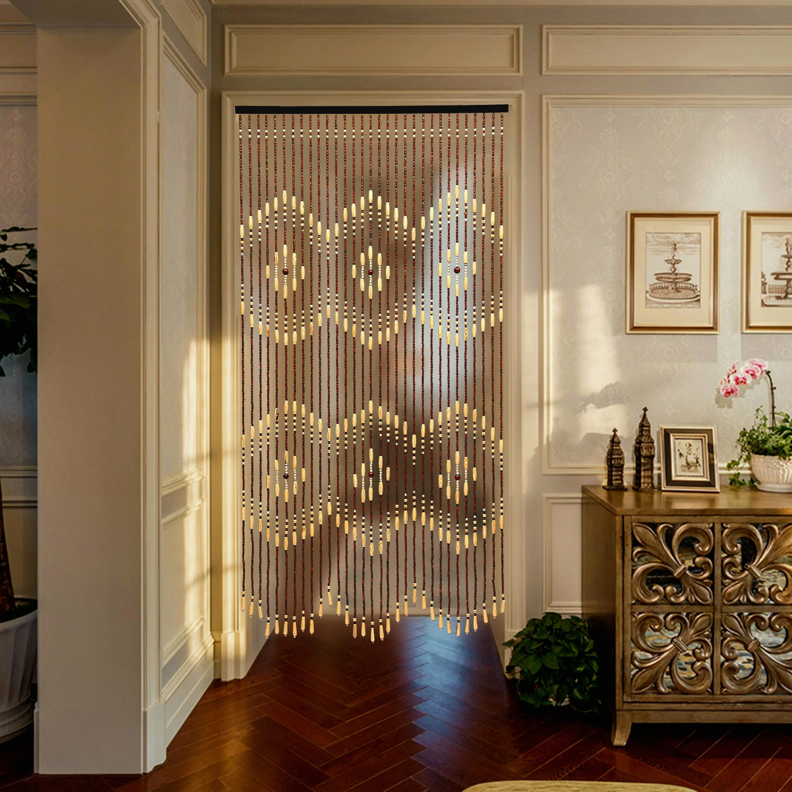 

Natural Wooden Door Beaded Curtain Beige Brown Door Curtain