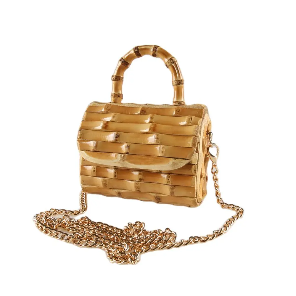 Long Chain Unique Handmade Natural Wood Rattan Straw Bamboo Root Handle Small Mini Cross Body Messenger Shoulder Bag Handbag