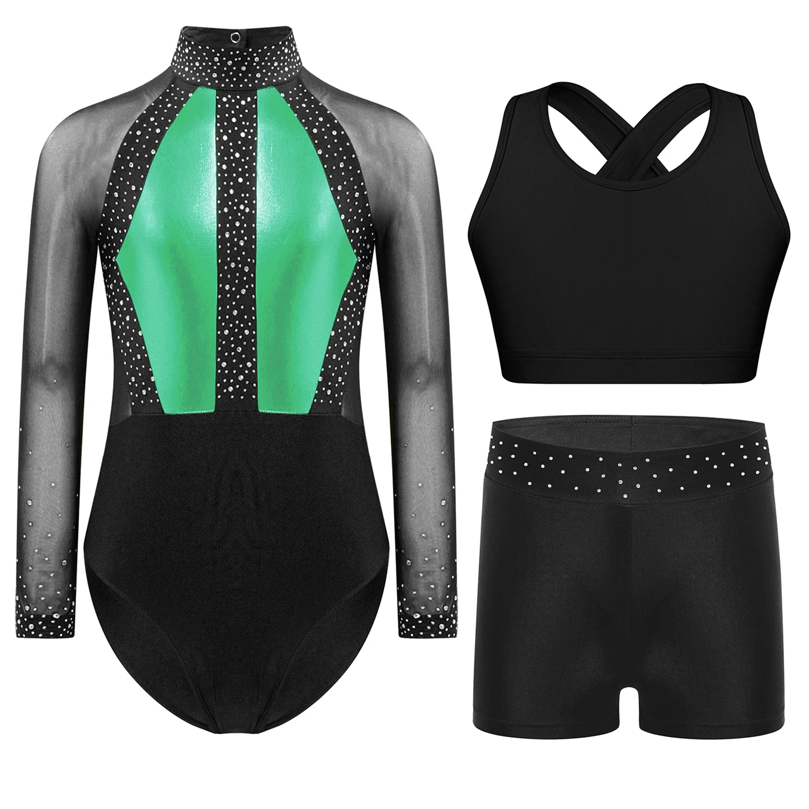 Kids Girls Gymnastics Dance Costume Dancewear Set Colorblock Patchwork Mesh Ballet Dance Leotard with Cross Back Vest And Shorts