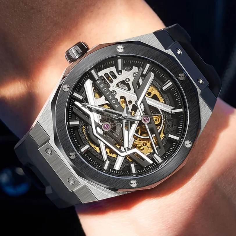 

Мужские автоматические часы PONIGER, 42 мм, роскошные механические наручные часы, сапфировый светящийся скелетонизированный циферблат, резиновый ремешок