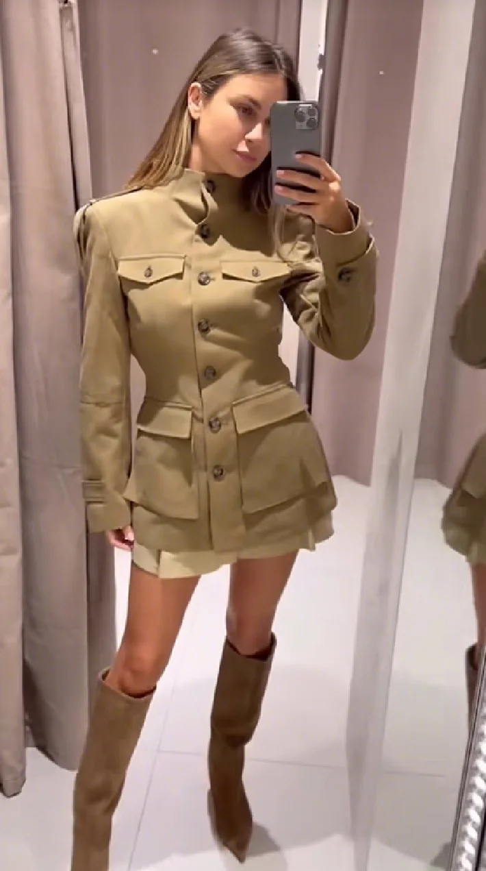Women's Vintage Trench Coat Slim Fit Stand Collar Utility Jacket with Pockets Autumn Spring Outerwear 4