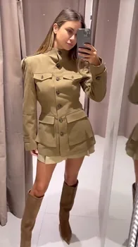 Women's Vintage Trench Coat Slim Fit Stand Collar Utility Jacket with Pockets Autumn Spring Outerwear 4
