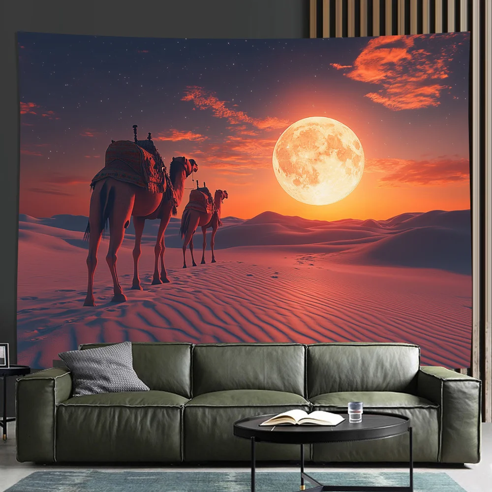 Tapiz de caravana del desierto, arte de pared de camello de puesta de sol, dunas doradas con luna llena, decoración de dormitorio de la nación bohemia