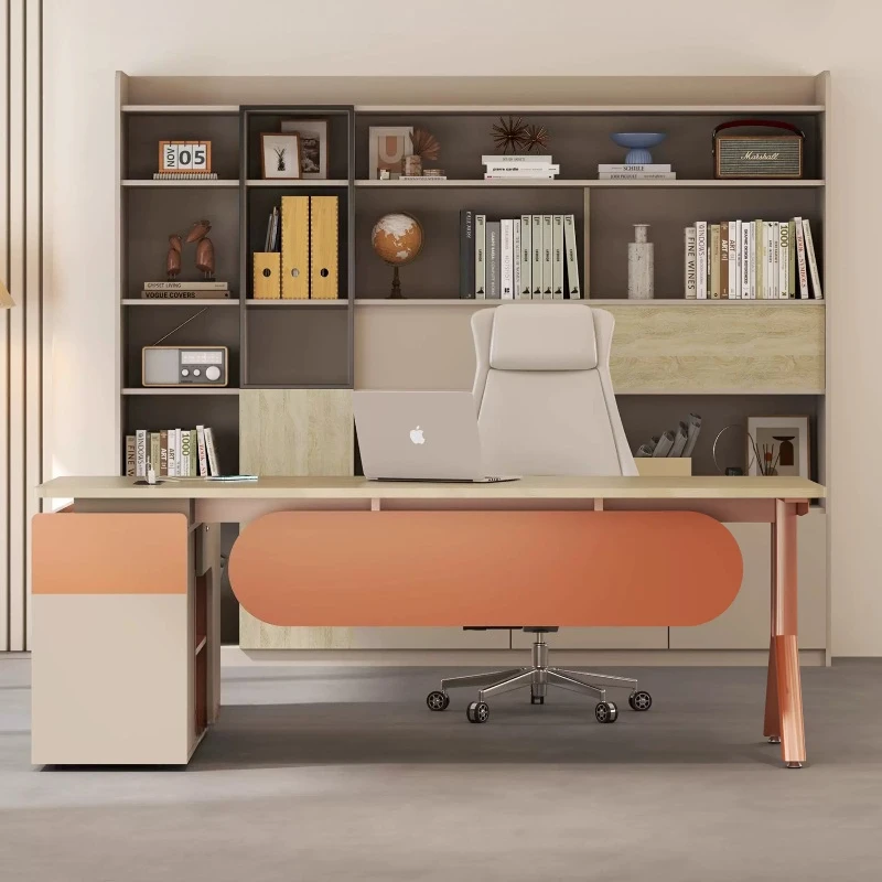 T*-Premium Modern Executive Desk with Unique Orange Accents and Side Storage, Stylish Manager Workstation*-