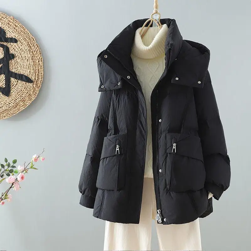 

Women's Thiened White Du down Jaet Mid-Length Hooded Faion Outerwear Warm Commuter Sle Korean Version Straight Cut