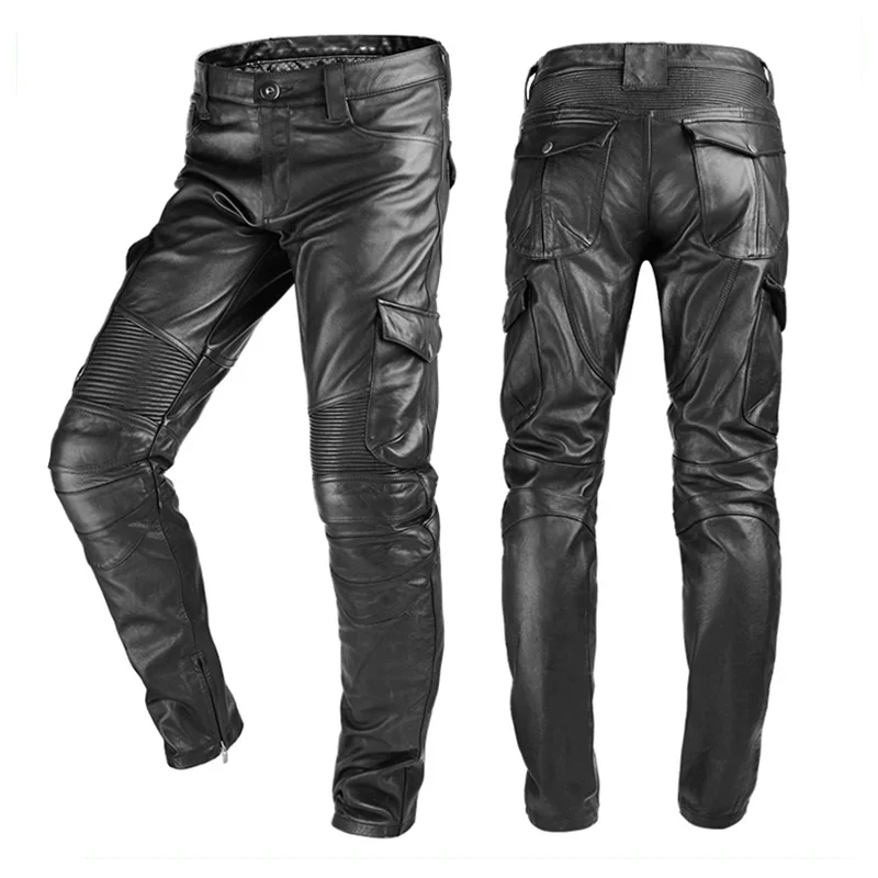 

Black Winter Leather Trousers Men Motorcycle Style Plus Size 4XL Genuine Natural Cowhide Leather Pants Can Add Protection Device