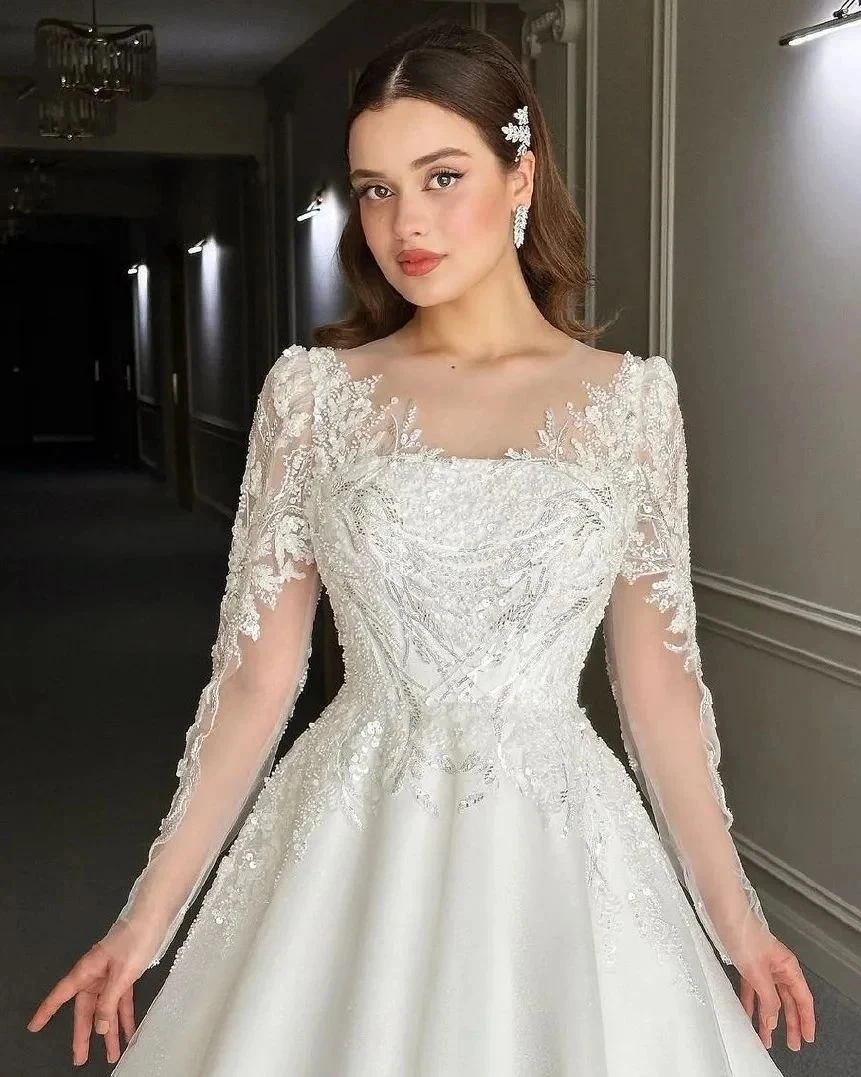 Elegant A-line Wedding Dress for Women Lace Long Sleeves Applicant Sequins Layer up Tulle Court Gown Custom Made Robe De Mariée